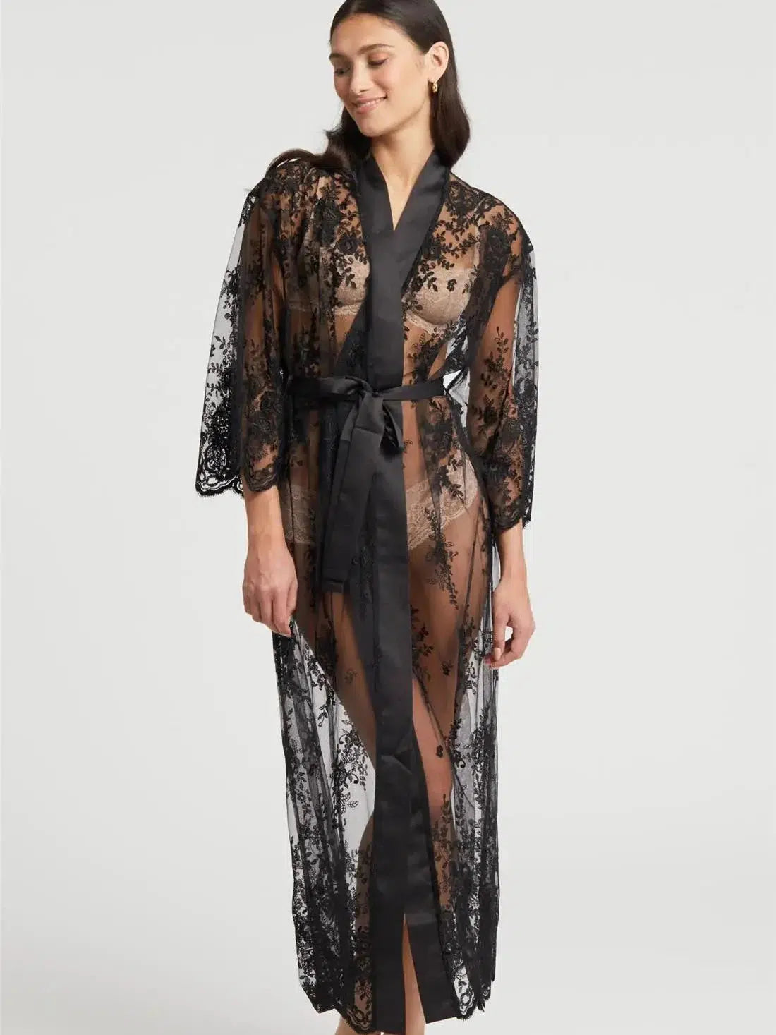 DARLING Long Lace Robe in Black