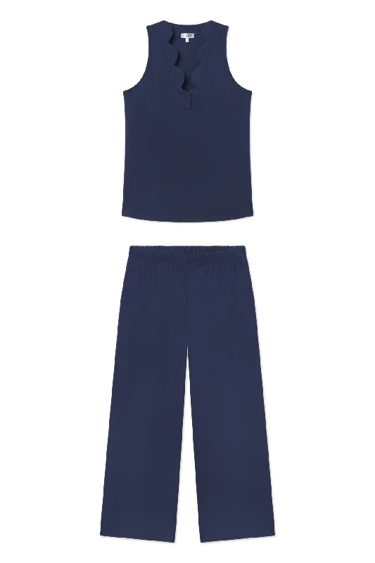 Pima Scallop Pants Set in Navy