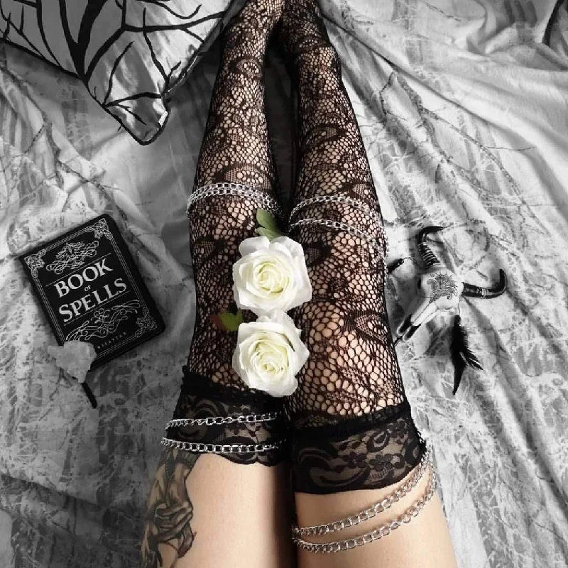 Women's Black Sheer Floral Lace Stockings