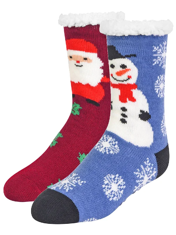 Santa & Frosty Print Thermal 2-Pack Thick Non-Skid Slipper Socks